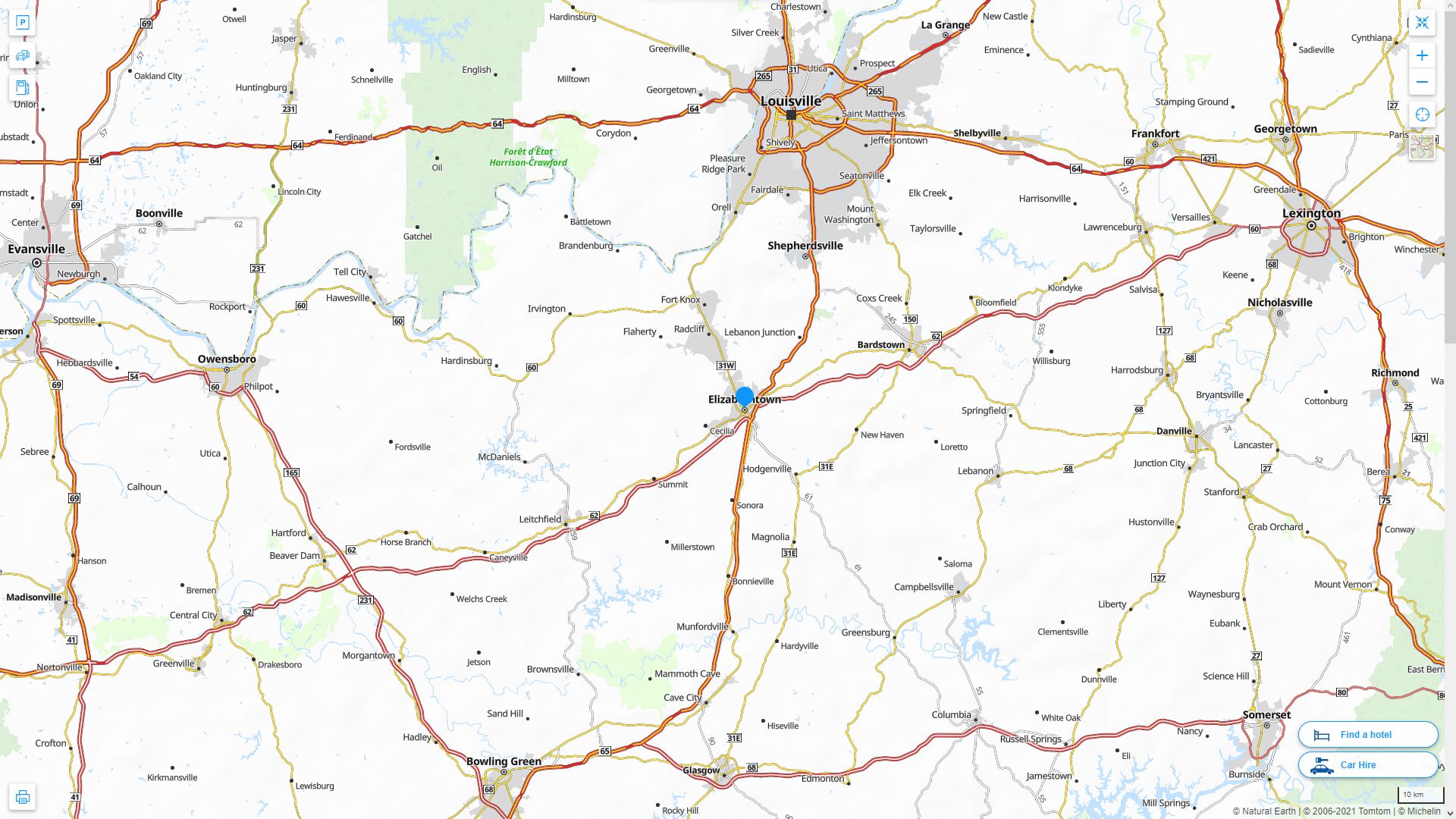 Elizabethtown Kentucky Highway and Road Map